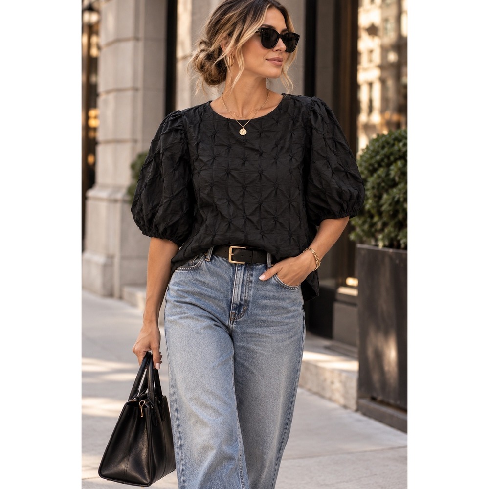 Aaron & Amber Charcoal Grey Textured Puff Sleeve Blouse Women Large
